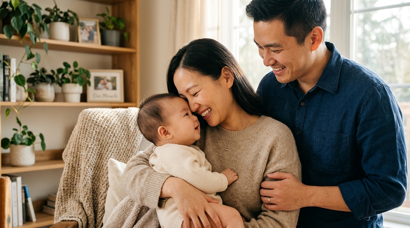 Gia đình hạnh phúc đón con yêu sau hành trình kiên trì gom phôi IVF khi có AMH thấp