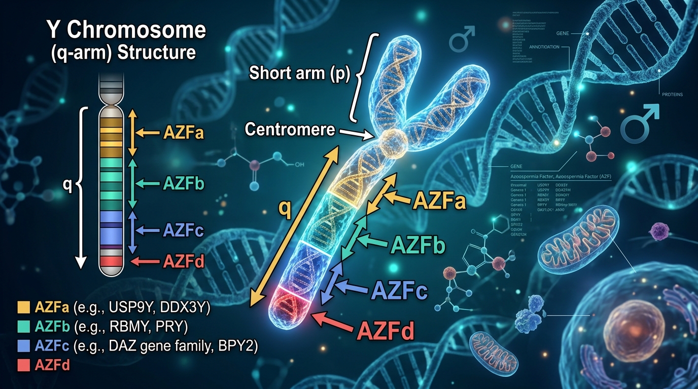 Sơ đồ các vùng gen AZFa, AZFb, AZFc trên cánh dài nhiễm sắc thể Y