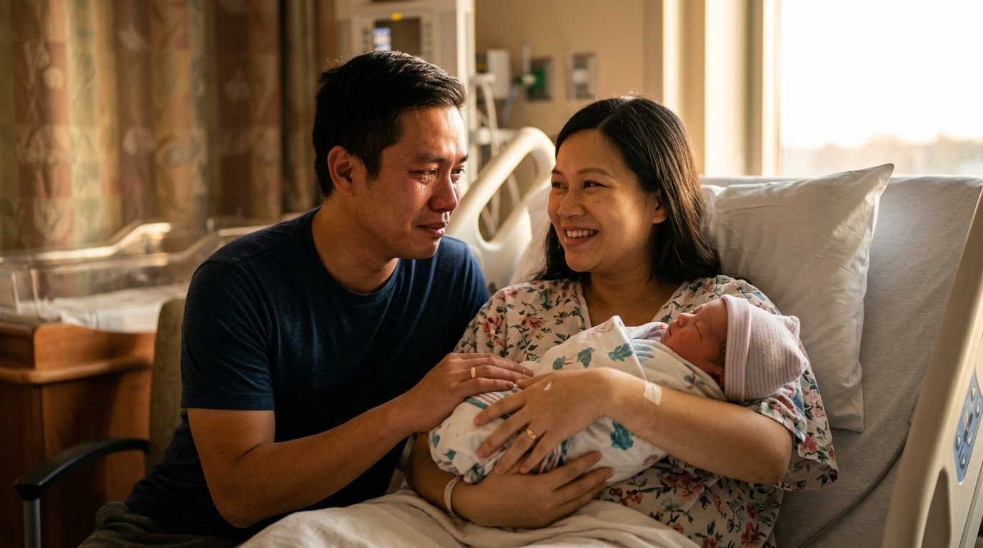 Vợ chồng hạnh phúc đón con yêu chào đời
