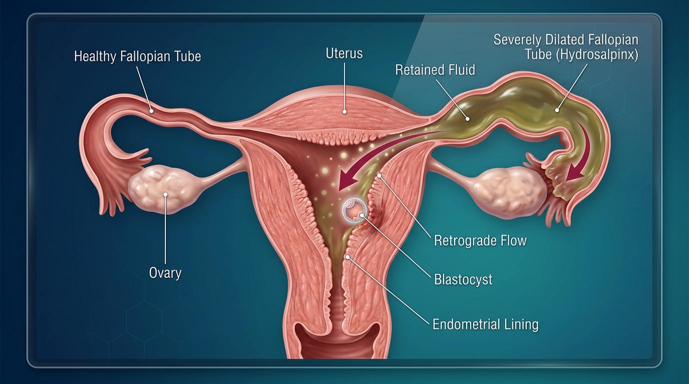 Cơ chế dòng dịch độc từ vòi trứng ứ hydrosalpinx chảy ngược vào buồng tử cung cuốn trôi phôi thai