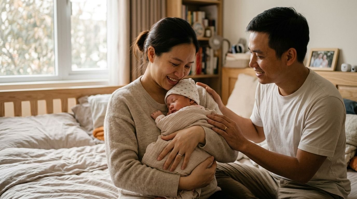 Khoảnh khắc hạnh phúc của một gia đình bên em bé