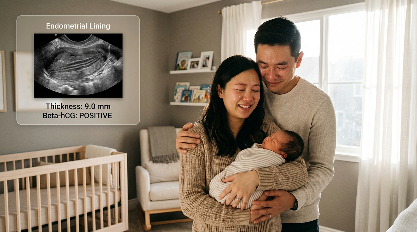 Hình ảnh niêm mạc đạt độ dày lý tưởng 9mm ba lá và niềm vui làm mẹ sau khi bơm PRP buồng tử cung